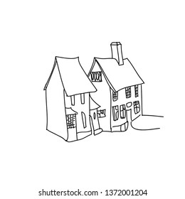 Ilustración vectorial casa de entramado medio. Arquitectura medieval. Ilustración de línea para impresiones, tarjetas, textiles