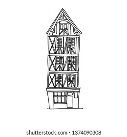 Half-timbered house vector illustration. Medieval architecture. Line illustration for prints, cards, textile