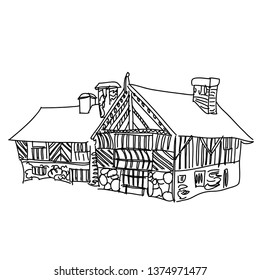 Half-timbered house vector illustration. Medieval architecture. Line illustration for prints, cards, textile