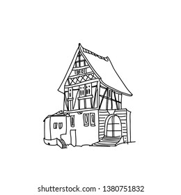 Half-timbered house vector illustration. Medieval architecture. Line illustration for prints, cards, textile