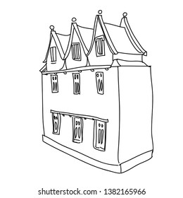 Half-timbered house vector illustration. Medieval architecture. Line illustration for prints, cards, textile