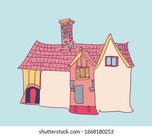 Half-timbered house vector illustration. Medieval european architecture.  Hand drawn vector illustration for prints, cards, textile