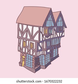 Half-timbered house vector illustration. Medieval european architecture.  Hand drawn vector illustration for prints, cards, textile