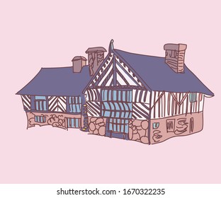 Half-timbered house vector illustration. Medieval european architecture.  Hand drawn vector illustration for prints, cards, textile