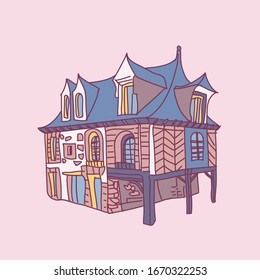 Half-timbered house vector illustration. Medieval european architecture.  Hand drawn vector illustration for prints, cards, textile