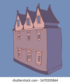 Half-timbered house vector illustration. Medieval european architecture. Night view. Hand drawn vector illustration for prints, cards, textile