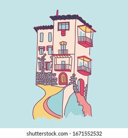 Half-timbered house vector illustration. Medieval european architecture.  Hand drawn vector illustration for prints, cards, textile