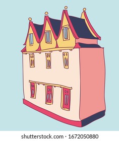 Half-timbered house vector illustration. Medieval european architecture.  Hand drawn vector illustration for prints, cards, textile