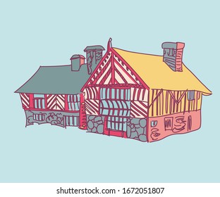Half-timbered house vector illustration. Medieval european architecture.  Hand drawn vector illustration for prints, cards, textile