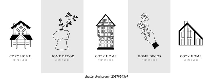Half-timbered and scandinavian houses, elegant flowers in hand, female body planter. Logo collection for interior design studio, hotel business, real estate, hostel, rental housing. 