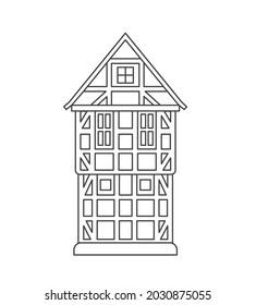 Half-timbered wooden german house. Outline simple vector logo hotel business, boarding house, hostel, rental housing, real estate. Linear vector illustration.