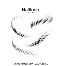 Halfton 3d shapes collection. Vintage vector halftone curved ribbons. Set of dotted stains. Applicable for web and print design