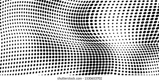 Halfton black and white. Abstract chaotic waves from points. Vector modern optical pop art texture for posters, business cards, cover