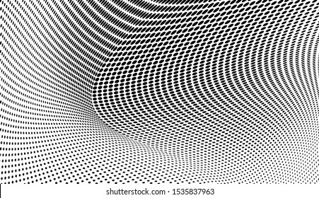 Halfton black and white. Abstract chaotic waves from points. Vector modern optical pop art texture for posters, business cards, cover