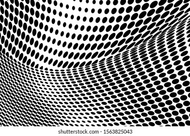 Halfton black and white. Abstract chaotic waves from points. Vector modern optical pop art texture for posters, business cards, cover