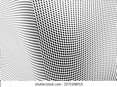 Halfton black and white. Abstract chaotic waves from points. Vector modern optical pop art texture for posters, business cards, cover