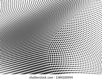 Halfton black and white. Abstract chaotic waves from points. Vector modern optical pop art texture for posters, business cards, cover
