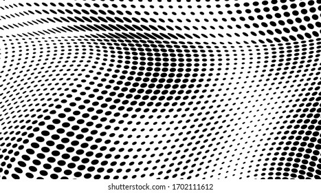 Halfton black and white. Abstract chaotic waves from points. Vector modern optical pop art texture for posters, business cards, cover