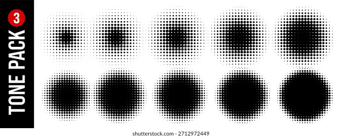 Medio punto de halfton con patrón de tono circular y pop de semitono cómico. Rejilla de gradación de Vector con borde circular polka y elemento de decoración blanco. Icono de fondo de medio tono con gráfico.