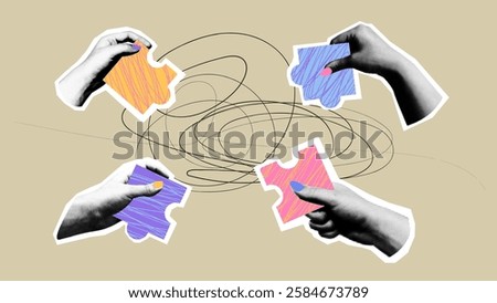 Halfton Hands With Puzzles Collage Banner symbol of teamwork unity colleagues puzzle problem solving  Vector illustration in trendy popart style
