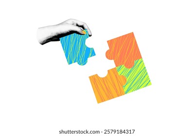 Halfton Hands With Puzzles Collage sticker  element  symbol of teamwork unity colleagues puzzle problem solving