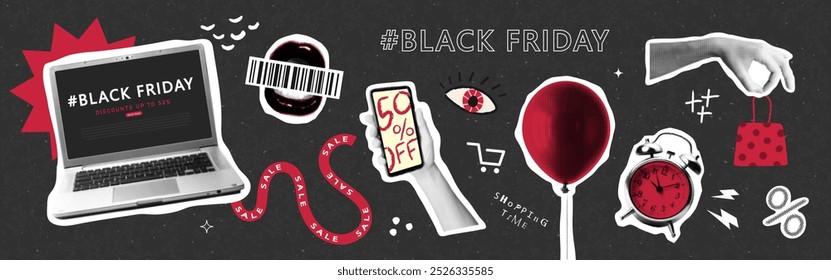 Halfton set of elements for Black Friday. Creative collage elements laptop, balloon, hand with phone, alarm clock and more. Paper trendy stickers for sale design. Y2K modern details for banner, poster