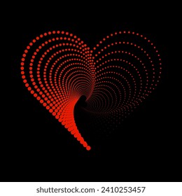 Halfton spiral in the shape of  heart. Vector halftone dots background for design banners, posters, business projects, pop art texture, covers. Geometric black and red texture.