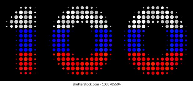Halftone 100 Text pictogram colored in Russia state flag colors on a dark background. Vector composition of 100 text icon designed from circle items.