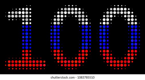 Halftone 100 Text pictogram colored in Russia official flag colors on a dark background. Vector collage of 100 text icon designed with spheric blots.