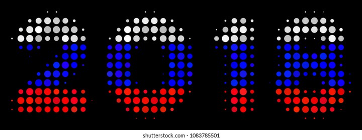 Halftone 2018 Year Text icon colored in Russia state flag colors on a dark background. Vector composition of 2018 year text icon constructed from round elements.