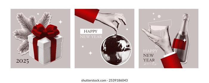 Conjunto de cubiertas cuadradas retro Halftone 2025 del año Nuevo. Collage retro con la mano, champán, bola de espejo, caja de regalo. Diseño de Vector de Antiguas.