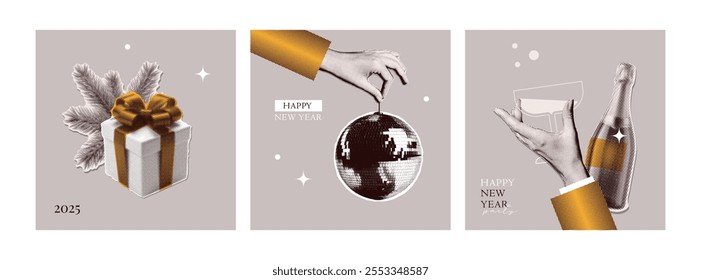 Conjunto de cubiertas cuadradas retro Halftone 2025 del año Nuevo. Collage retro con la mano, champán, bola de espejo, caja de regalo. Diseño de Vector de Antiguas.