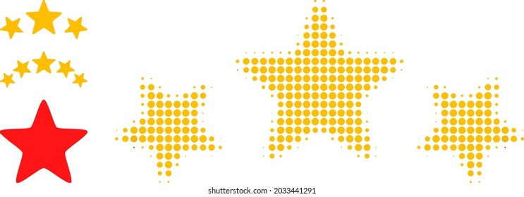Halftone 3 stars rate. Dotted 3 stars rate designed with small round points. Vector illustration of 3 stars rate icon on a white background. Halftone array contains round points.
