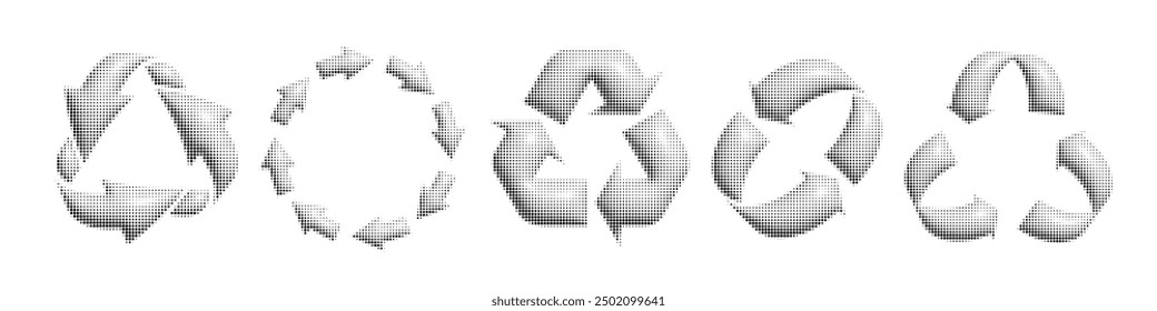 Halftone 3d arrows looping in circle icon set. Black dotted symbols of ecology, refresh, reload and recycling