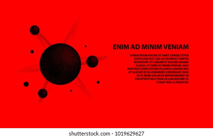 Halftone 3d black molecule with a nucleus and atoms on a red background. Dotwork science and technology banner template.