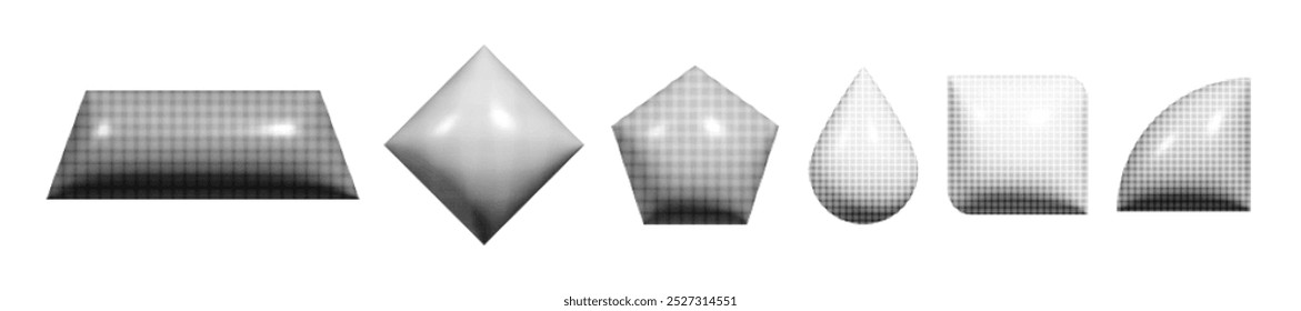 Halftone 3d geometric brutal shapes collection. Set of dotted grainy elements
