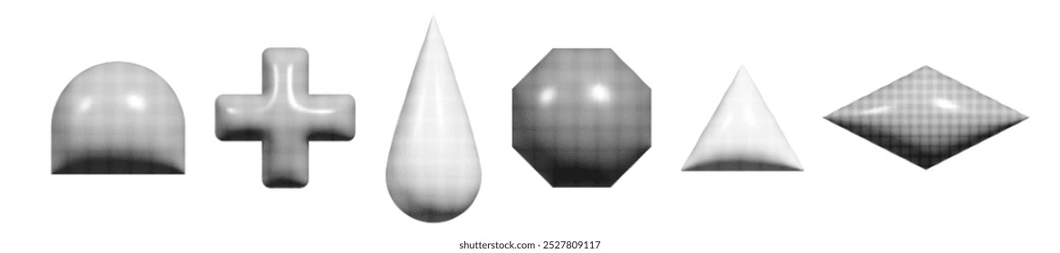 Coleção de formas brutas geométricas de meio-tom 3d. Conjunto de elementos granulados pontilhados