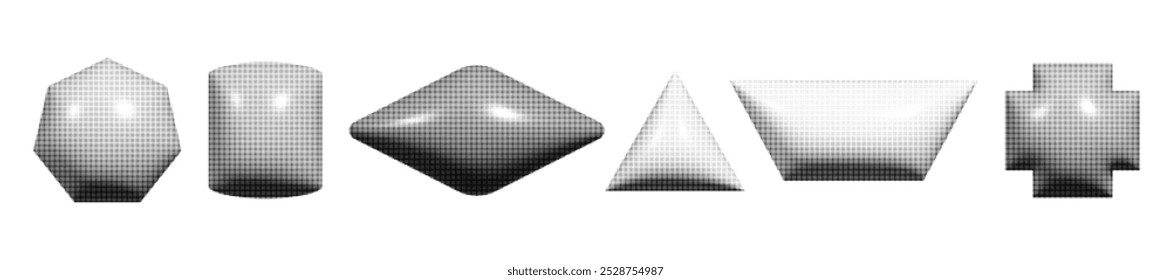 Halftone 3d geometric brutal shapes collection. Set of dotted grainy elements