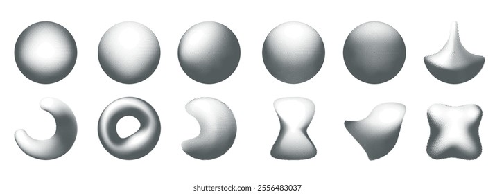 Halftone 3D objects. Spheres torus spinning top etc dotted isolated vector illustration