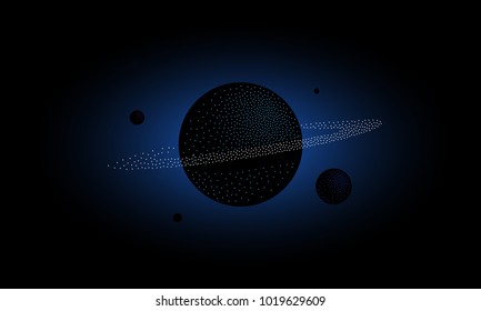Halftone 3d Saturn and Satellites. Dotwork science and space background.