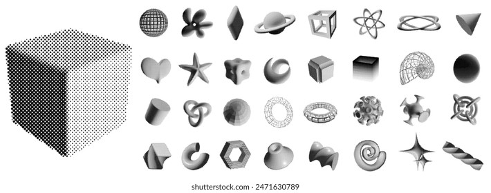 Halftone 3D shapes. Geometric figures and abstract forms with halftone shading dotted gradient patterns. Isolated vector set of halftone abstract pattern illustration