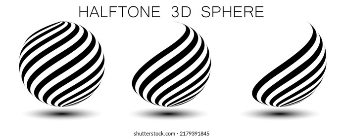 Halftone 3d sphere. Abstract vector element made of black dots on a white background. Logo with shadow.