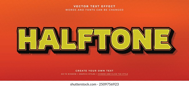 Efecto de texto 3d semitono sobre fondo naranja, estilo gráfico de Vector cómico amarillo y negro