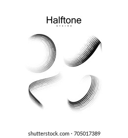 Halftone 3d twisted shapes. Vintage vector halftone curved faded ribbons. Set of dotted stains. Web and print design elements