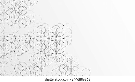 Halftone abstract background of circles. Geometric texture of plexus balls, dots. Circular ornament. Chain of cells. Close bond. Poster for technology, medicine, presentations, business. Vector