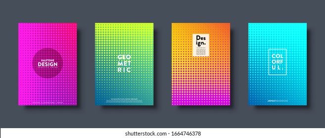 Fondo abstracto de medio tono con puntos. Diseño de degradado colorido. Banderas geométricas modernas con círculos. Arte pop. Ilustración vectorial.