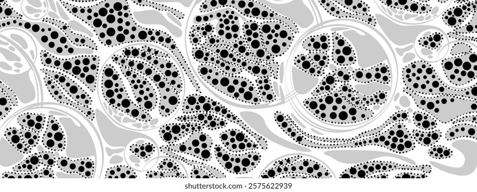 Halftone abstract background frame. Vector texture of chaotic waves, particles, circles. Group of cells, information grid. Neuro graphics. Poster for business, technology, medicine, presentations.