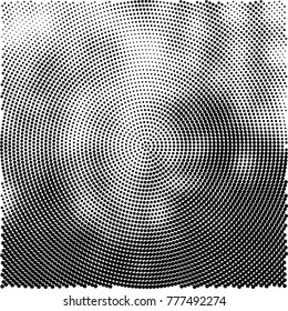 Halftone abstract background. Radial grunge pattern with spots of ink. Monochrome vector texture for print on business cards, labels, posters, stickers