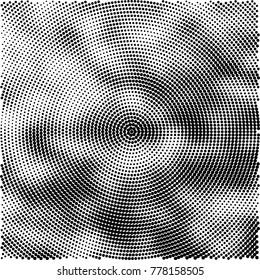 Halftone abstract background. Radial grunge pattern with spots of ink. Monochrome vector texture for print on business cards, labels, posters, stickers