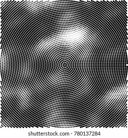 Halftone abstract background. Radial grunge pattern with spots of ink. Monochrome vector texture for print on business cards, labels, posters, stickers